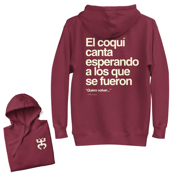 Abrigo hecho para boricuas en Puerto Rico y la diáspora, con el coquí taíno y una frase. Hoodie made for Boricuas inside and outside Puerto Rico, with the taino coqui frog and a quote.