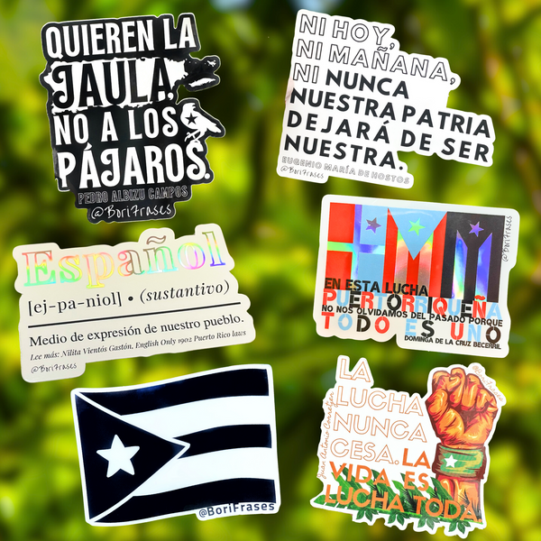 Seguimos aqui sticker pack Porque de aquí nadie me saca. esta es mi casa, donde nació mi abuelo 6 stickers con frases de grandes boricuas reafirmando nuestra identidad nacional.. por el precio de 5 1