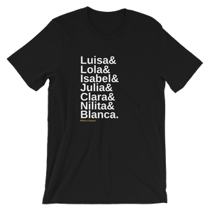 T-shirt negra con los nombres de las #heroínaspr, siete mujeres históricas, latinas, puertorriqueñas y feministas. 