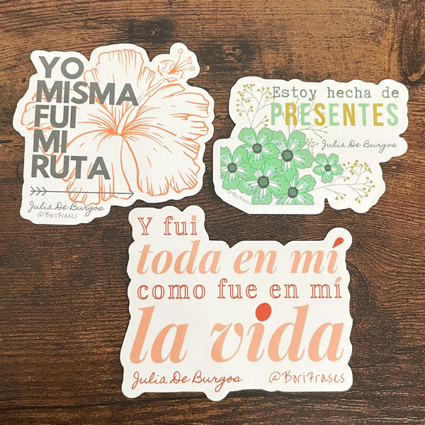 3 stickers con versos del poema "Yo misma fui mi ruta" de Julia de burgos